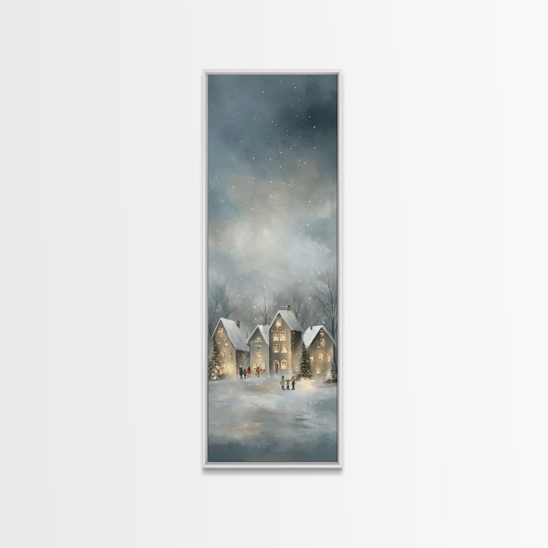 Snowfall Village Peace – Framed Canvas Print – Christian Wall Art – Christmas Art – Narrow Art – Christian Art Canvas – Christian Christmas
