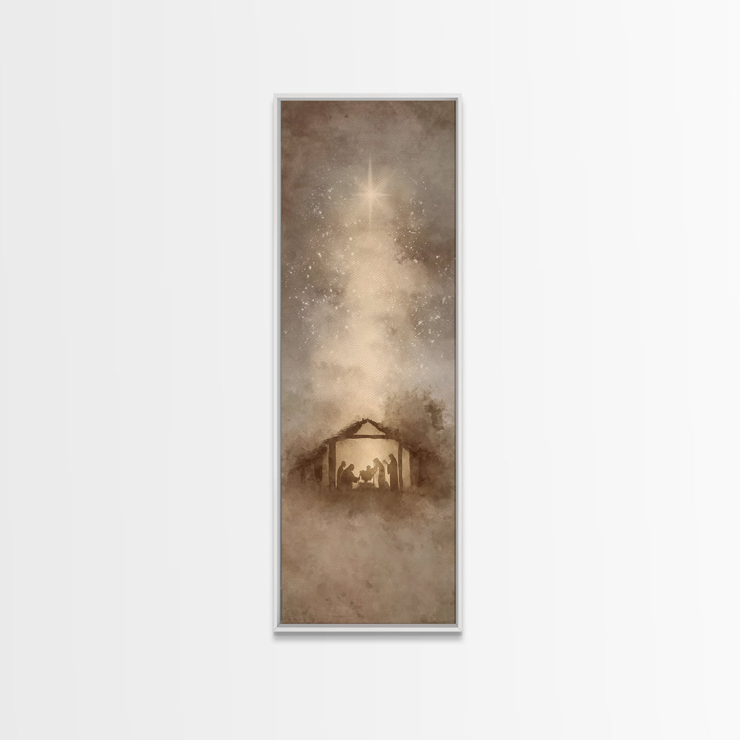 Blessed Manger Light – Framed Canvas Print – Christian Art Canvas – Christian Christmas Art – Christian Wall Art – Skinny Art