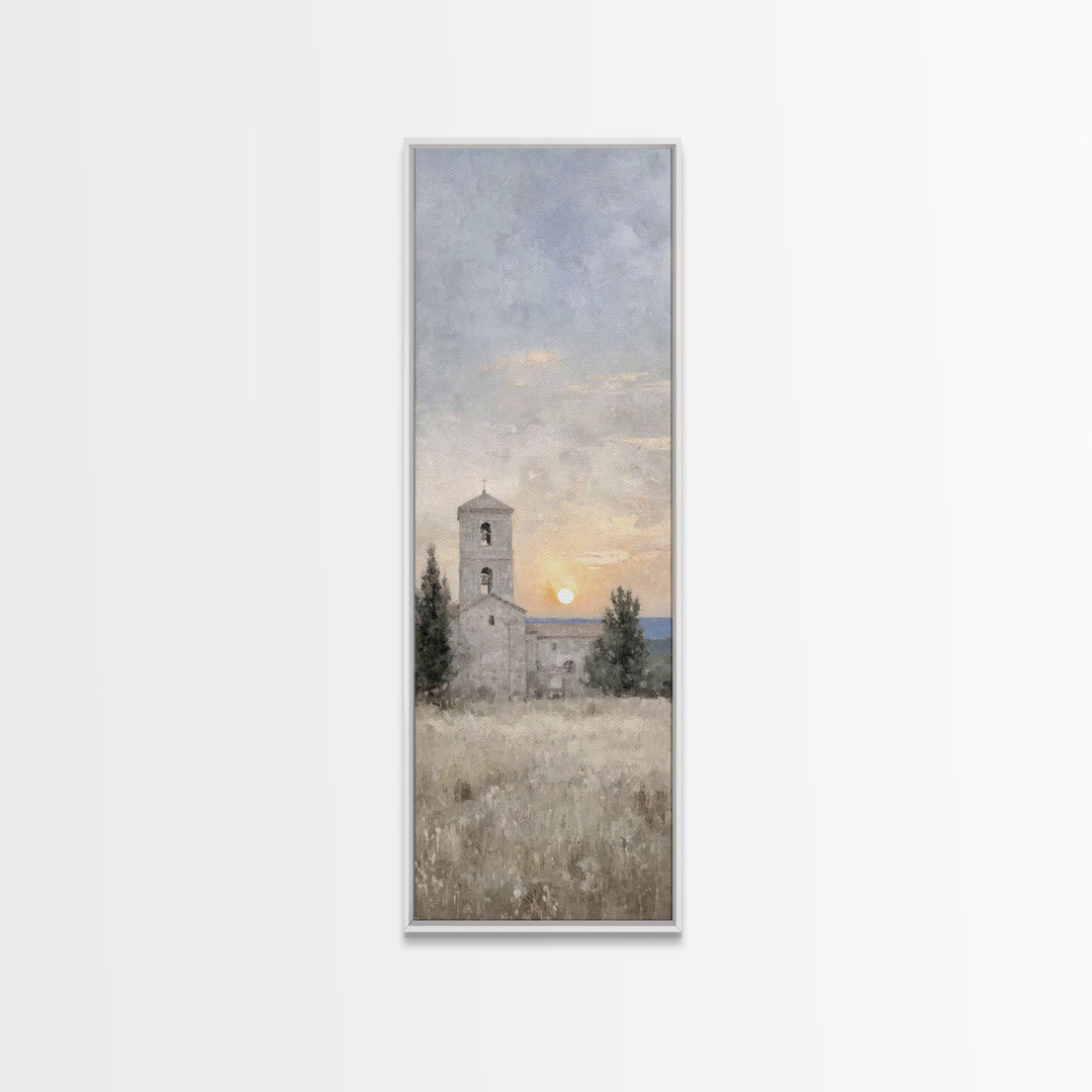 Sunset Chapel Peace – Framed Canvas Print – Tall Narrow Wall Art – Christian Wall Art – Christmas Art – Christian Art Canvas – Jesus Art