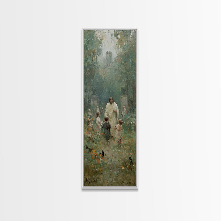 Gentle Shepherd Meadow, Framed Canvas Print, Skinny Art, Christian Art Canvas, Jesus Painting, Christian Wall Art, Christian Art