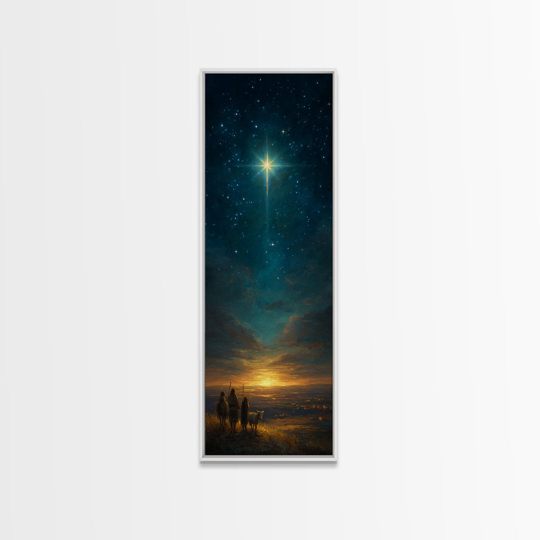 Heavenly Night Cross – Framed Canvas Print – Tall Skinny Art Print – Christian Christmas Decor – Jesus Painting – Christian Wall Art