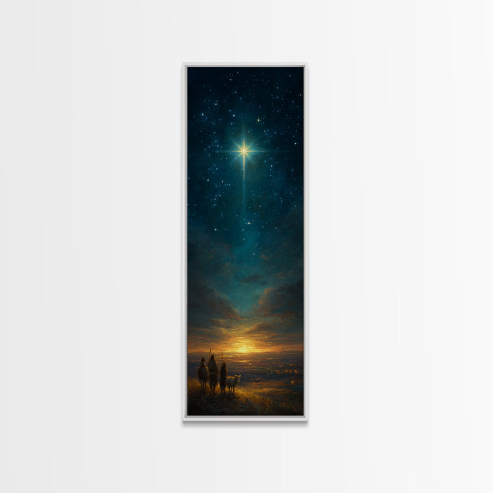 Heavenly Night Cross – Framed Canvas Print – Tall Skinny Art Print – Christian Christmas Decor – Jesus Painting – Christian Wall Art