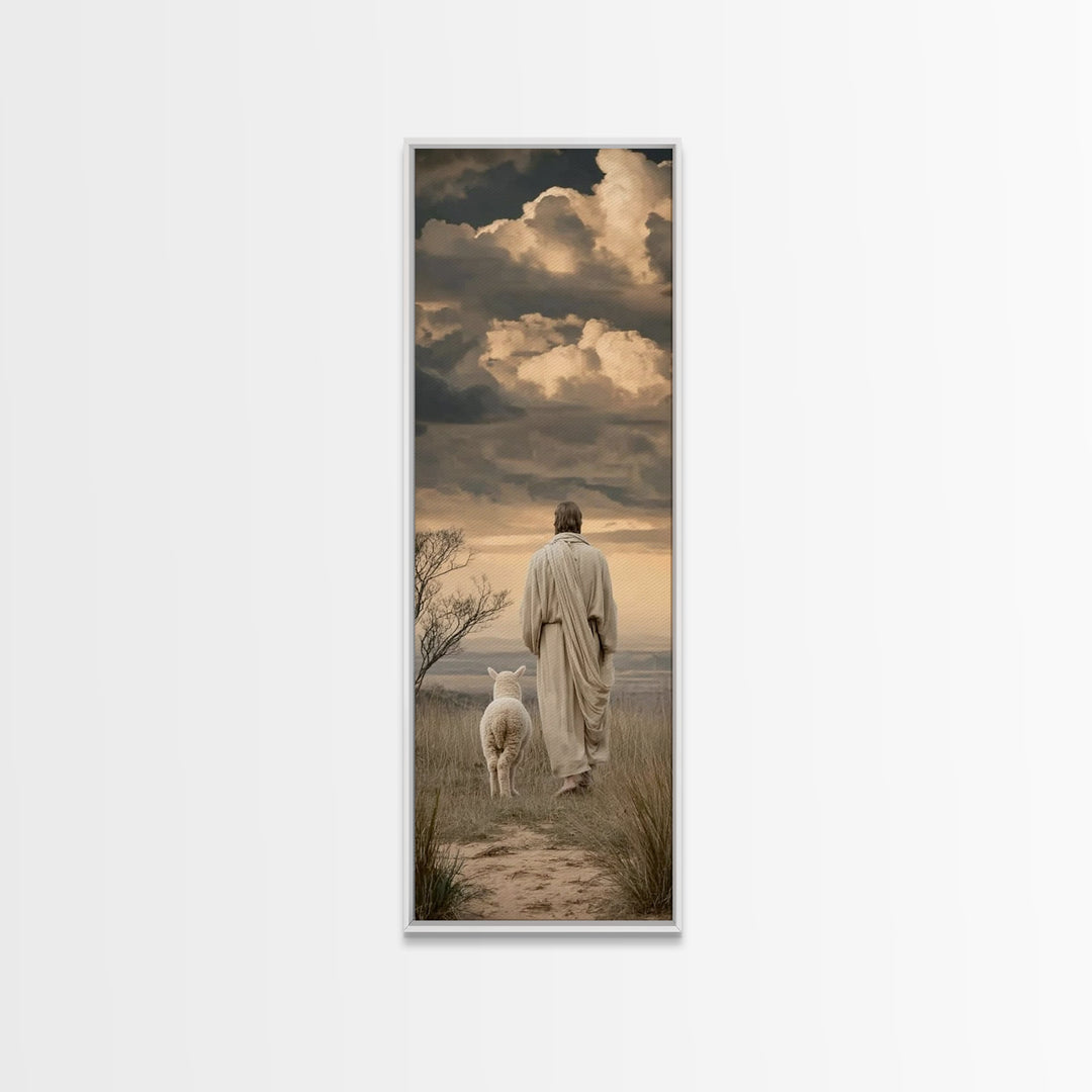 Following The Savior – Framed Canvas Print – Narrow Art – Jesus Painting – Christian Art Canvas – Christian Gift Ideas – Modern Christian A