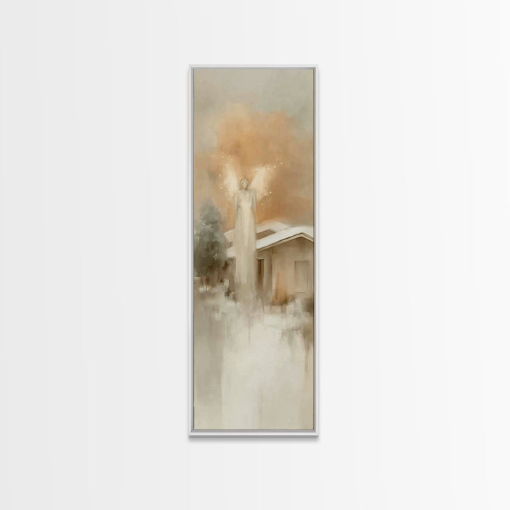 Angel Above Home – Framed Canvas Print, Christian Art Canvas, Christian Wall Art, Skinny Art, Christian Christmas Art, Subtle Christian Art
