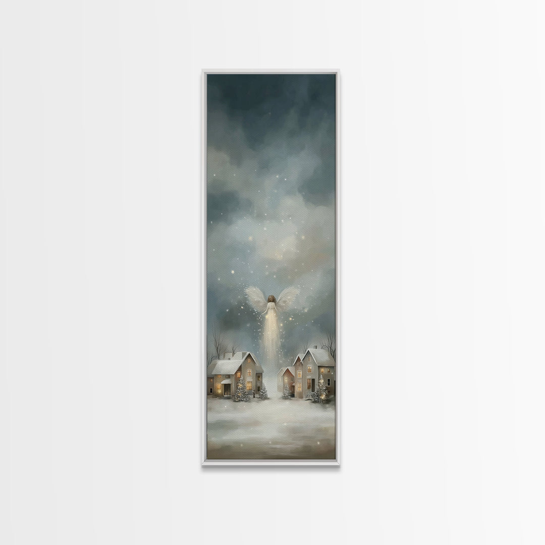 Heavenly Arrival – Framed Canvas Print – Christmas Wall Art – Christian Christmas Art – Tall Narrow Wall Art – Christian Art Canvas – Winte