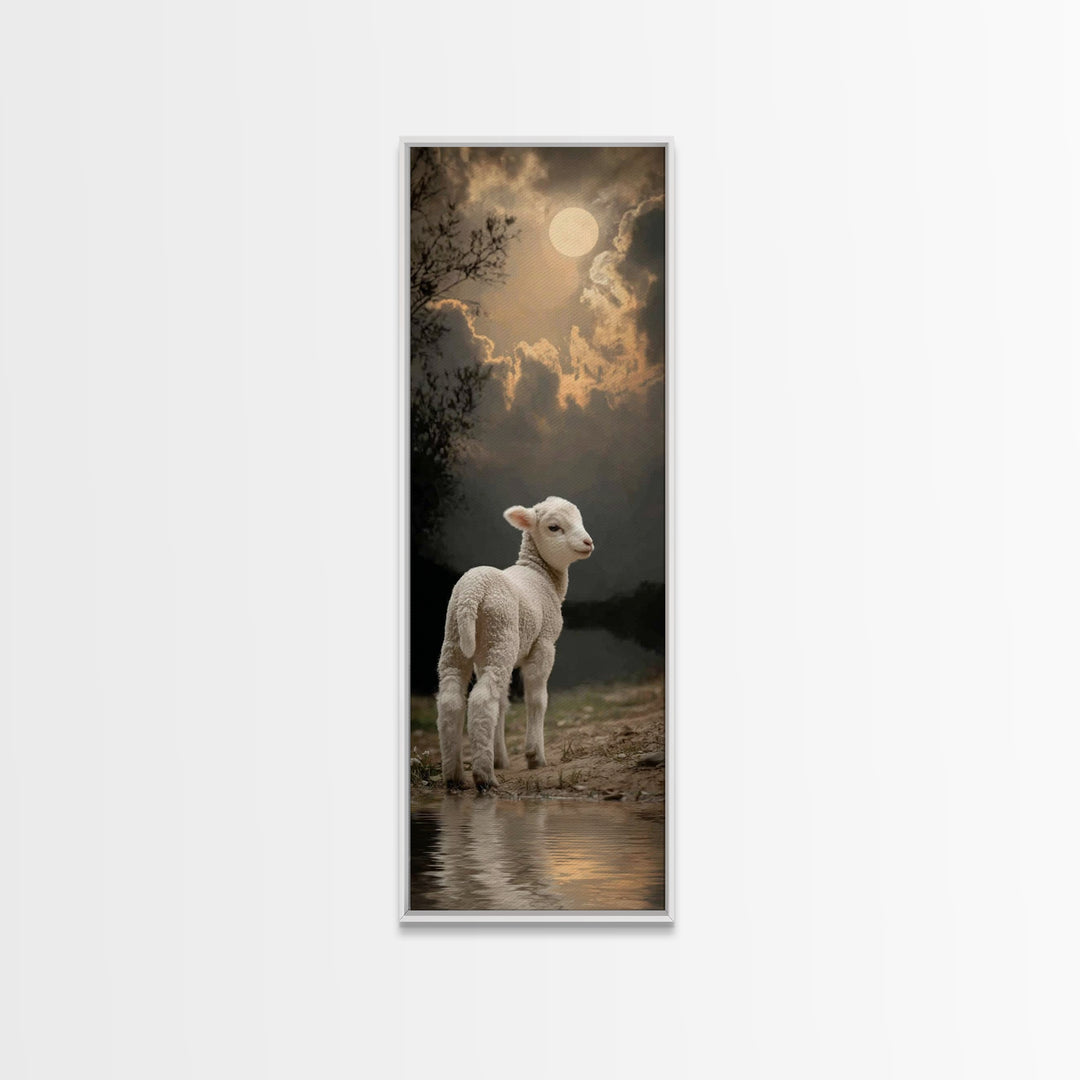 Moonlit Gentle Lamb, Framed Canvas Print, Christian Wall Art, Christian Art Canvas, Narrow Art, Christian Art Print, Christian Decor For Ho