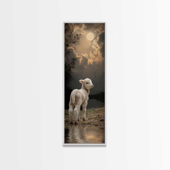 Moonlit Gentle Lamb, Framed Canvas Print, Christian Wall Art, Christian Art Canvas, Narrow Art, Christian Art Print, Christian Decor For Ho