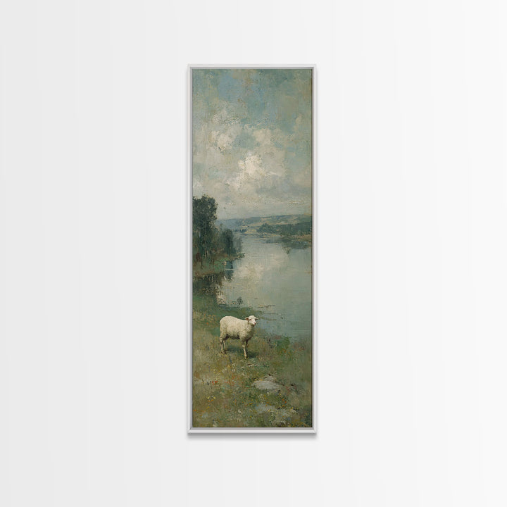 Riverbank White Lamb | Framed Canvas Print | Christian Art Canvas | Christian Wall Art | Skinny Art | Vintage Christian Art | Christian Dec