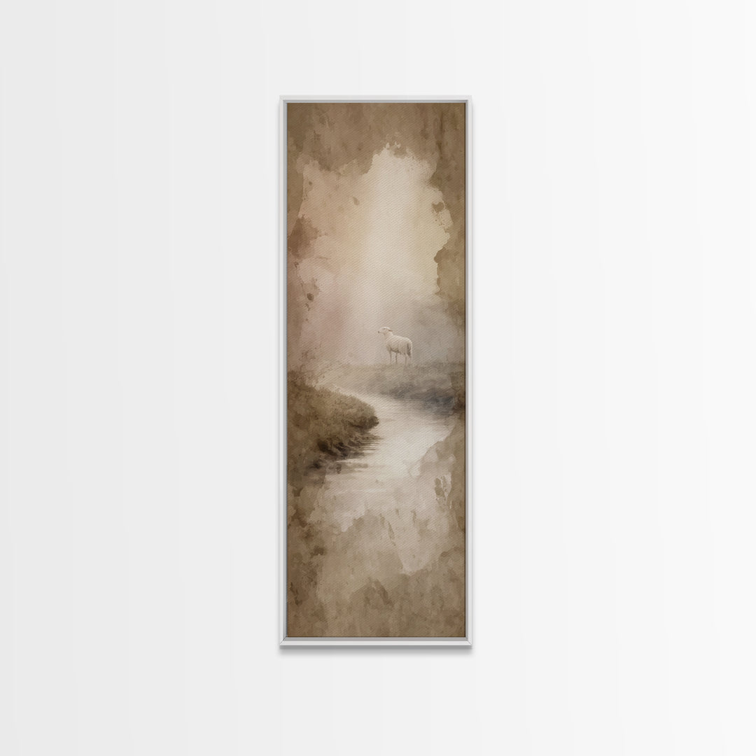 Misty Valley Sheep, Framed Canvas Print, Christian Art Canvas, Christian Wall Art, Narrow Art, Christian Art Print, Moody Christian Art, Ch