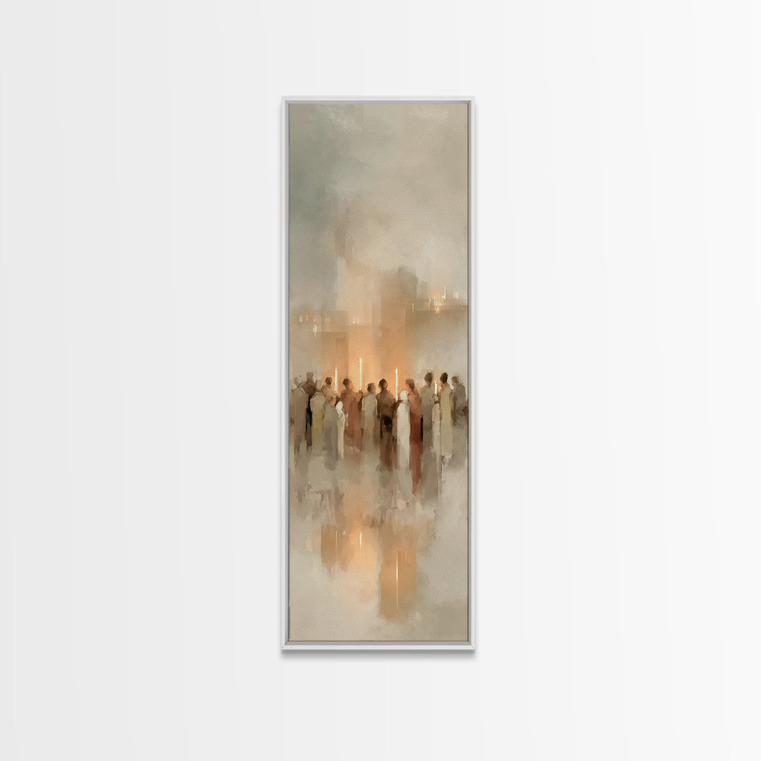 Candlelit Gathering | Framed Canvas Print | Christian Wall Art | Christian Christmas Art | Modern Christian Art | Narrow Art