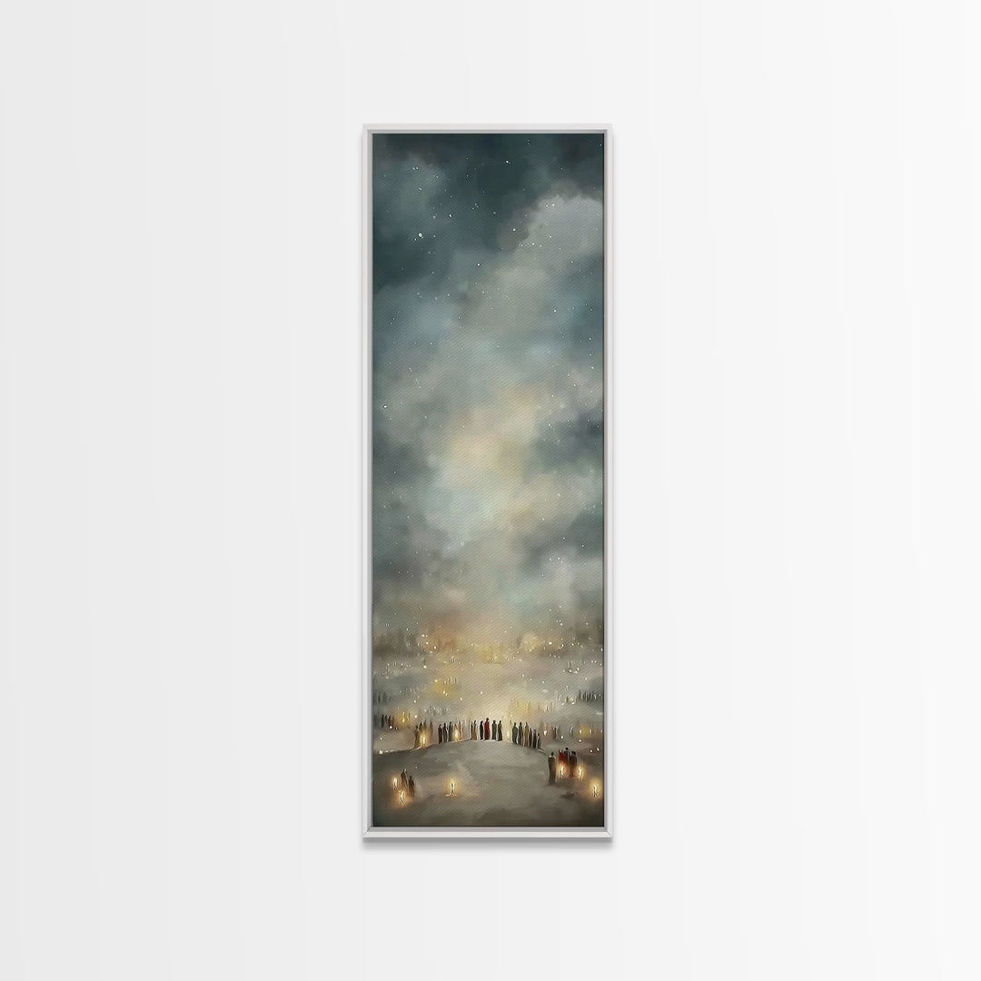 Night Of Many Lights | Framed Canvas Print | Narrow Art | Christian Art Print | Christian Wall Art | Christian Christmas Art | Jesus Art