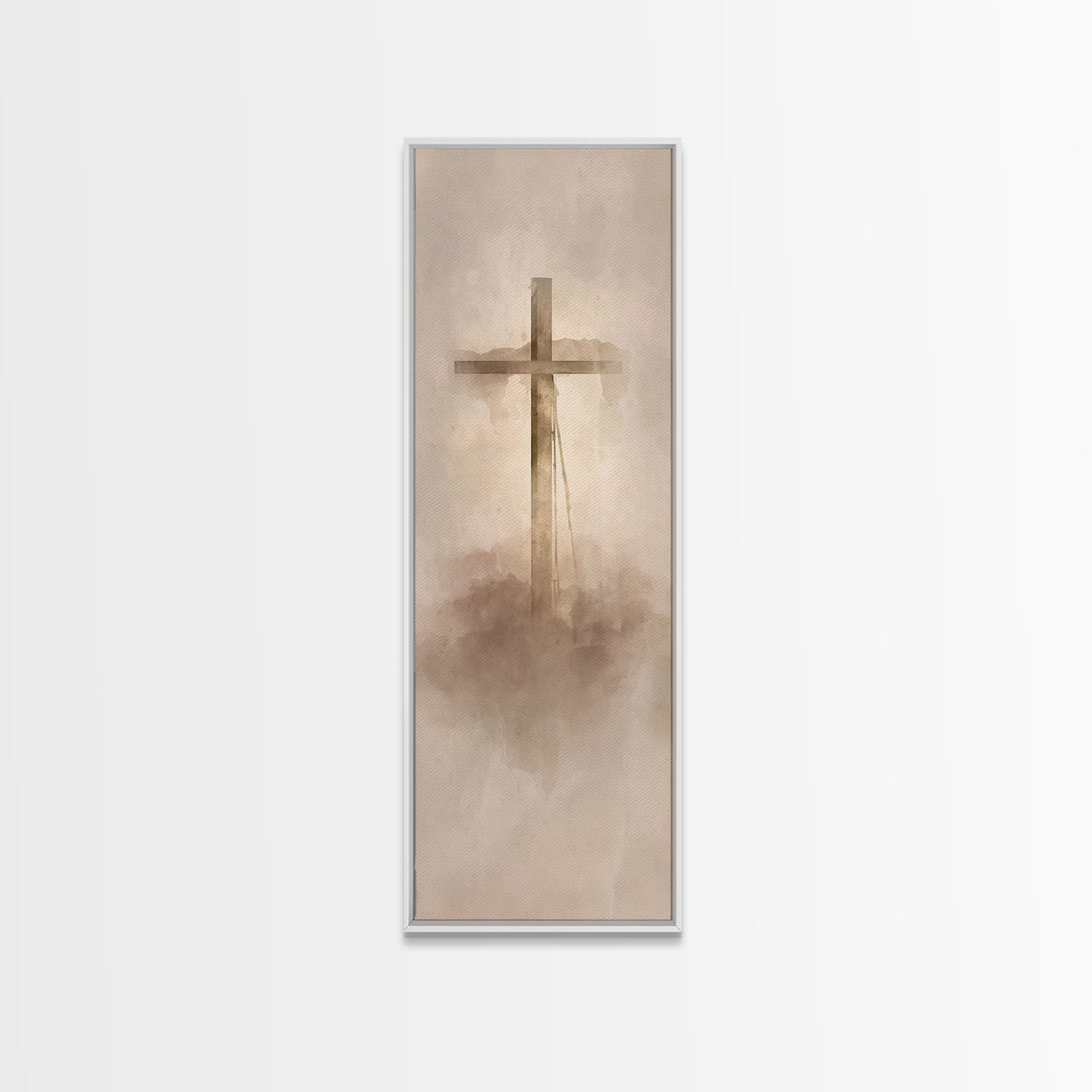 Cross In The Mist, Framed Canvas Print, Tall Skinny Art Print, Christian Art Canvas, Christian Wall Art, Christian Art Work, Christian Deco