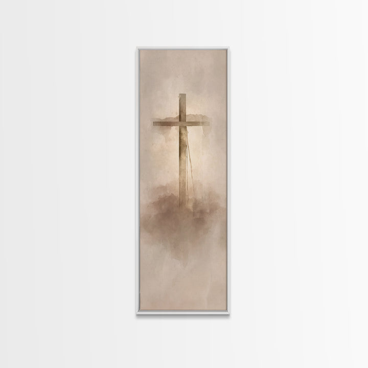 Cross In The Mist, Framed Canvas Print, Tall Skinny Art Print, Christian Art Canvas, Christian Wall Art, Christian Art Work, Christian Deco