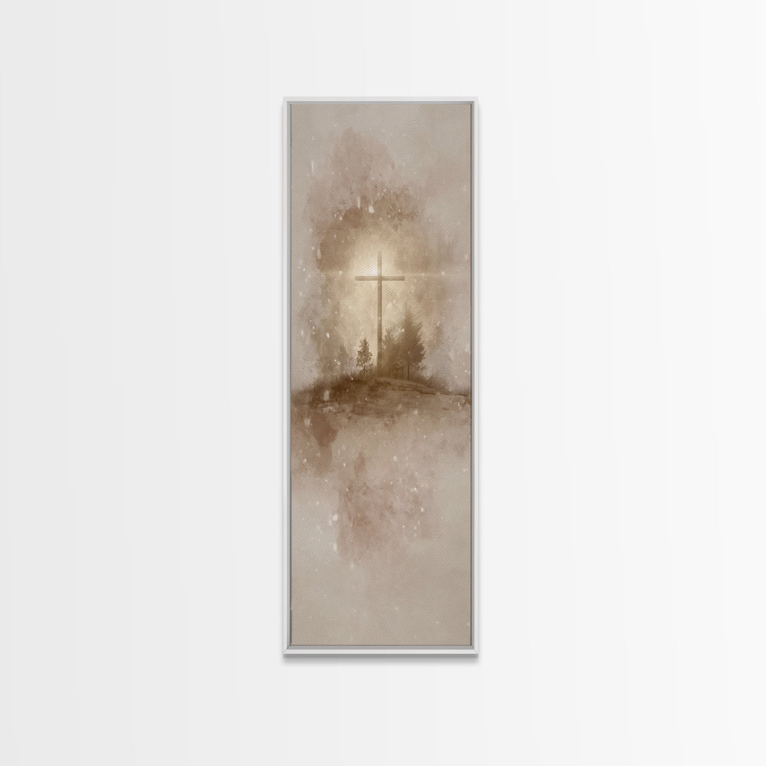 Silent Field Cross – Framed Canvas Print – Tall Narrow Wall Art – Christian Art Canvas – Jesus Painting – Christmas Art – Christian Wall Ar