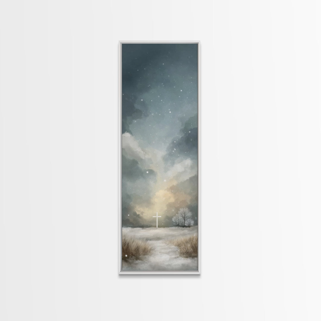 Sacred Hill Glow – Framed Canvas Print – Christian Wall Art – Jesus Painting – Tall Narrow Wall Art – Christian Art Canvas – Christmas Art