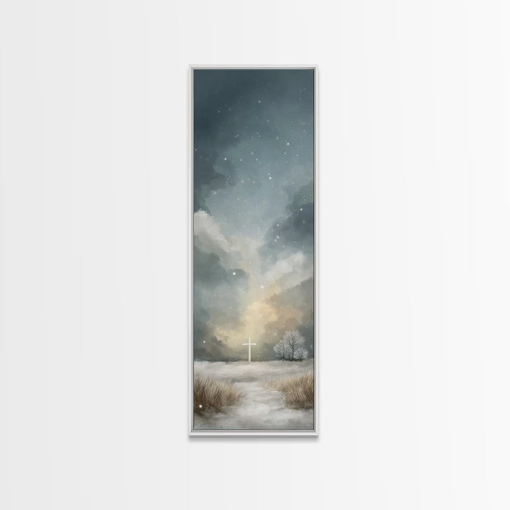 Sacred Hill Glow – Framed Canvas Print – Christian Wall Art – Jesus Painting – Tall Narrow Wall Art – Christian Art Canvas – Christmas Art