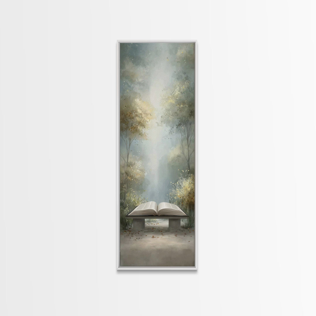 Sacred Forest Reading – Framed Canvas Print – Christian Wall Art – Christian Painting – Narrow Art – Christian Art Canvas – Christian Decor