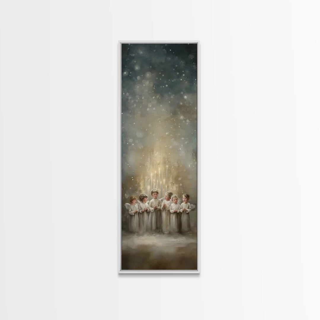 Radiant Gathering – Framed Canvas Print, Christian Wall Art, Christian Art Canvas, Tall Narrow Wall Art, Christmas Art, Christian Christmas