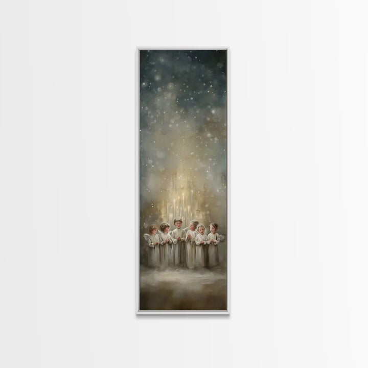 Radiant Gathering – Framed Canvas Print, Christian Wall Art, Christian Art Canvas, Tall Narrow Wall Art, Christmas Art, Christian Christmas