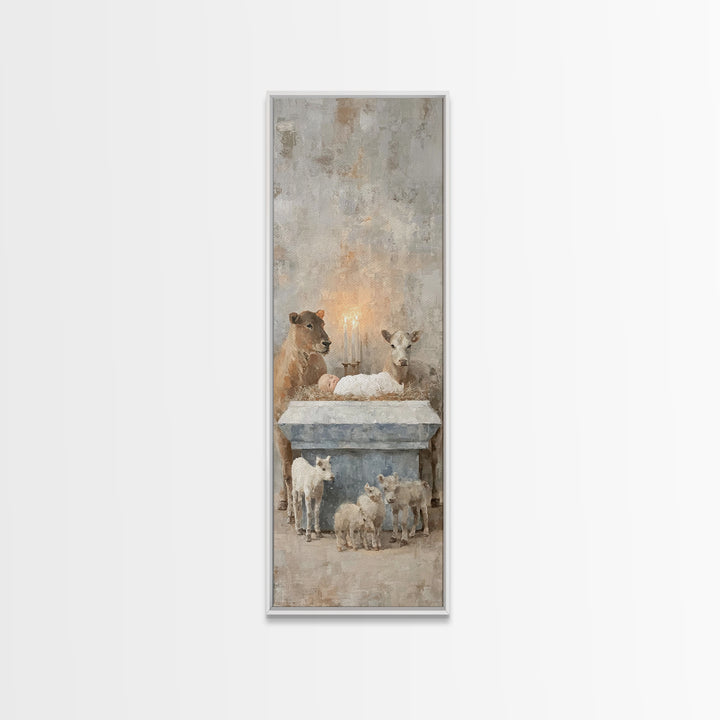 Serene Manger Hope – Framed Canvas Print – Christian Wall Art – Jesus Painting – Christmas Art – Narrow Art – Christian Art Canvas