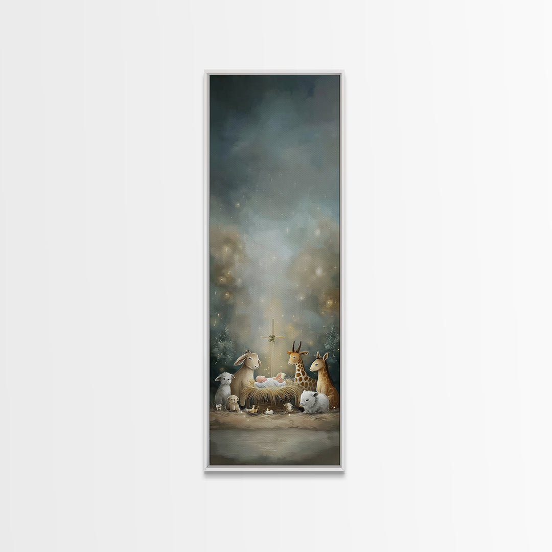 Starry Night Peace, Framed Canvas Print, Christian Christmas Art, Christian Decor, Tall Narrow Wall Art, Jesus Painting, Christmas Wall Art