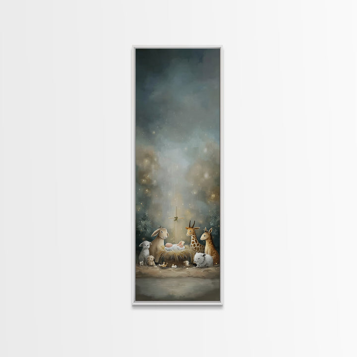 Starry Night Peace, Framed Canvas Print, Christian Christmas Art, Christian Decor, Tall Narrow Wall Art, Jesus Painting, Christmas Wall Art
