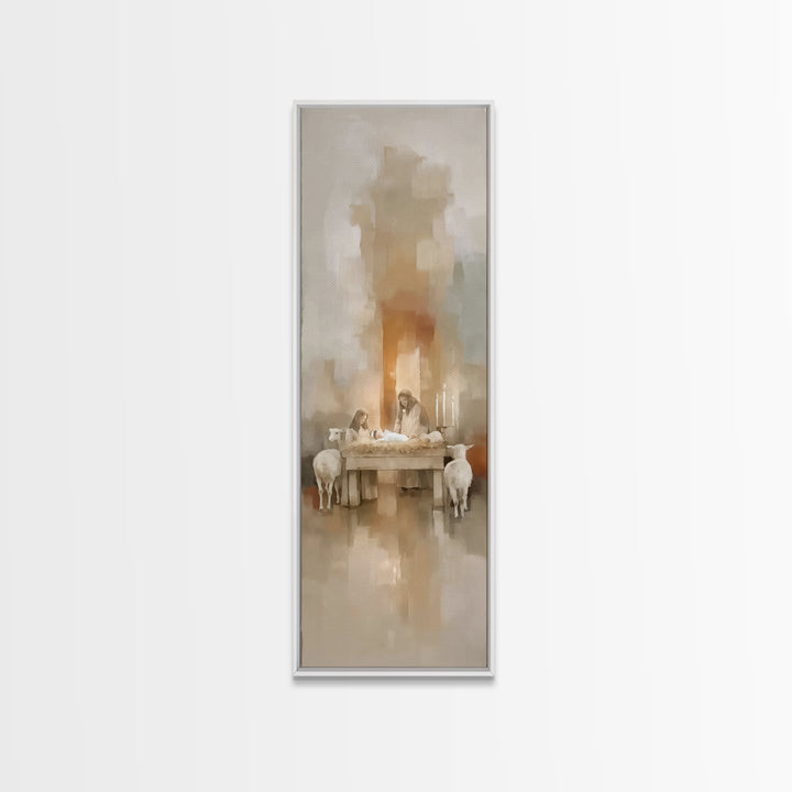 Holy Stable Calm, Framed Canvas Print, Christian Art Print, Christmas Art Prints, Narrow Art, Jesus Painting Canvas, Christian Christmas De