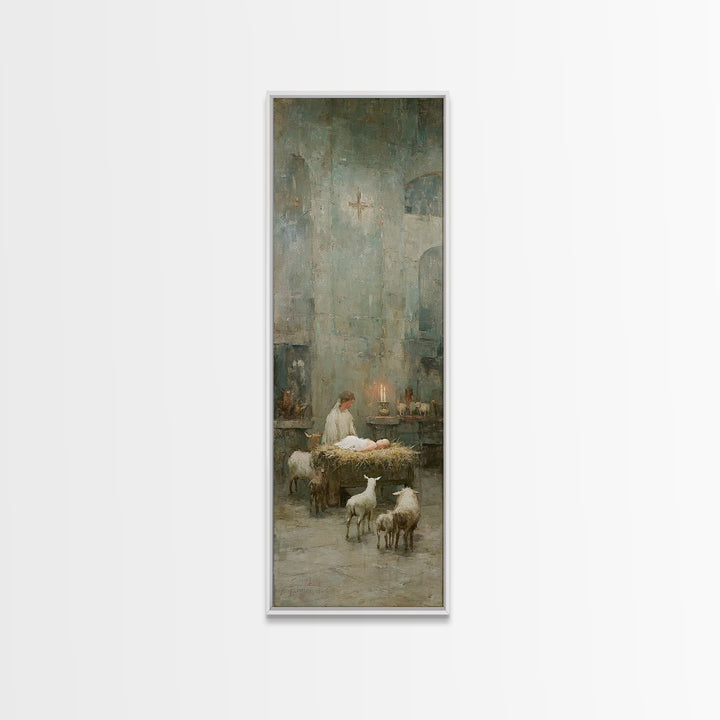 Quiet Nativity Glow | Framed Canvas Print | Christian Art Work | Modern Christian Art | Tall Narrow Wall Art | Christmas Art | Jesus Wall A