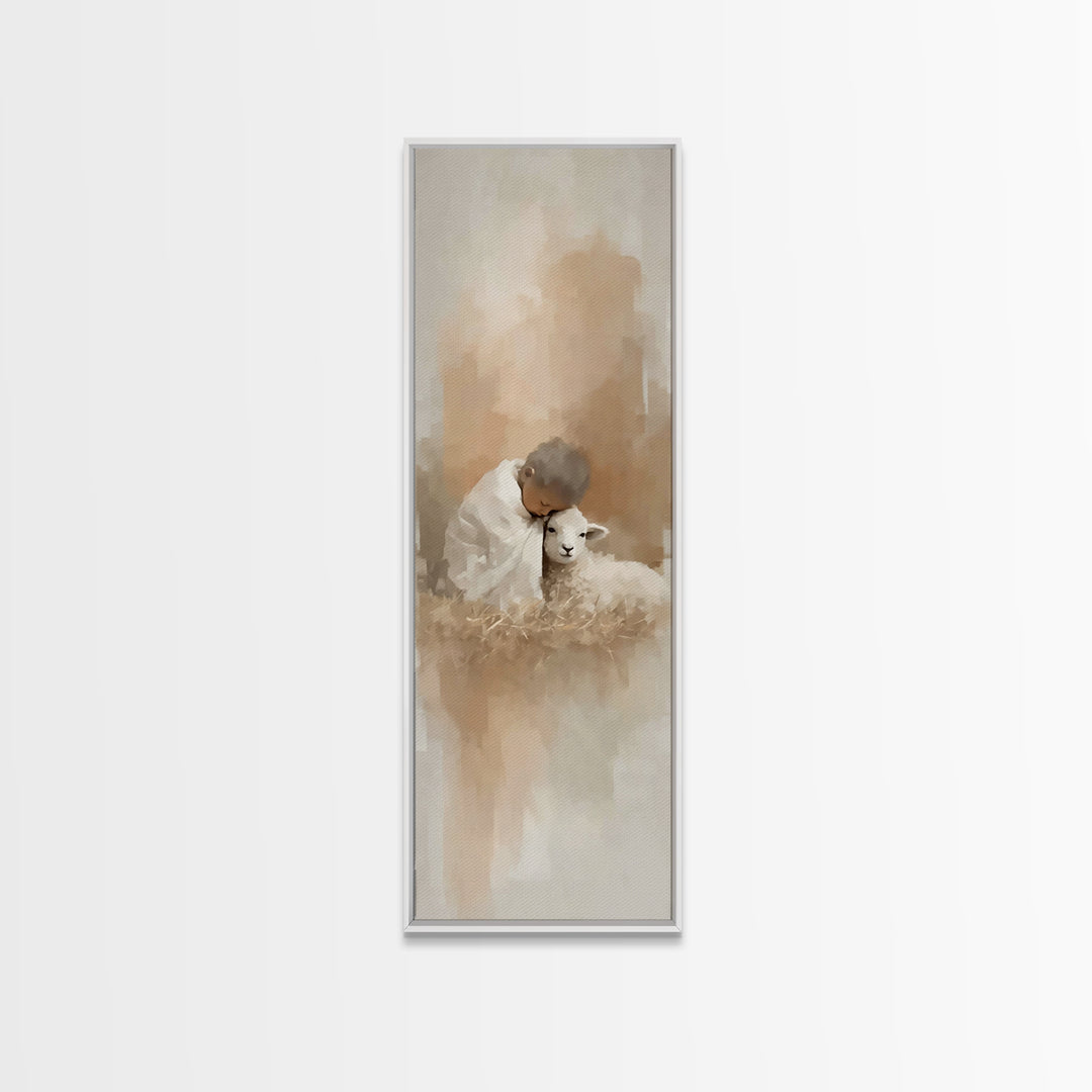 Tender Lamb Mercy, Framed Canvas Print, Christian Art Canvas, Christian Christmas Art, Narrow Art, Christian Gift, Jesus Art Print