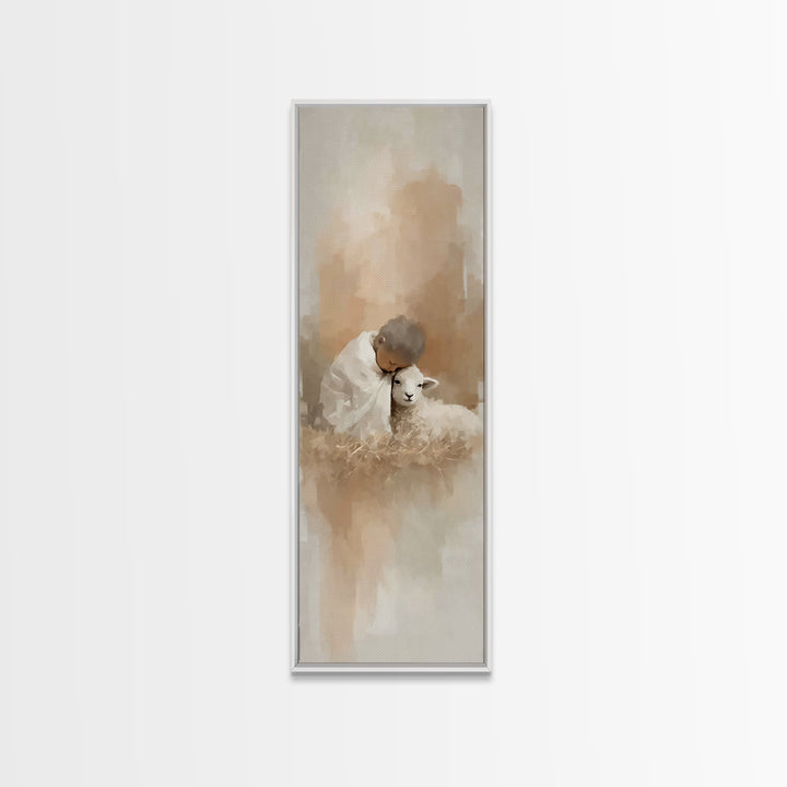 Tender Lamb Mercy, Framed Canvas Print, Christian Art Canvas, Christian Christmas Art, Narrow Art, Christian Gift, Jesus Art Print