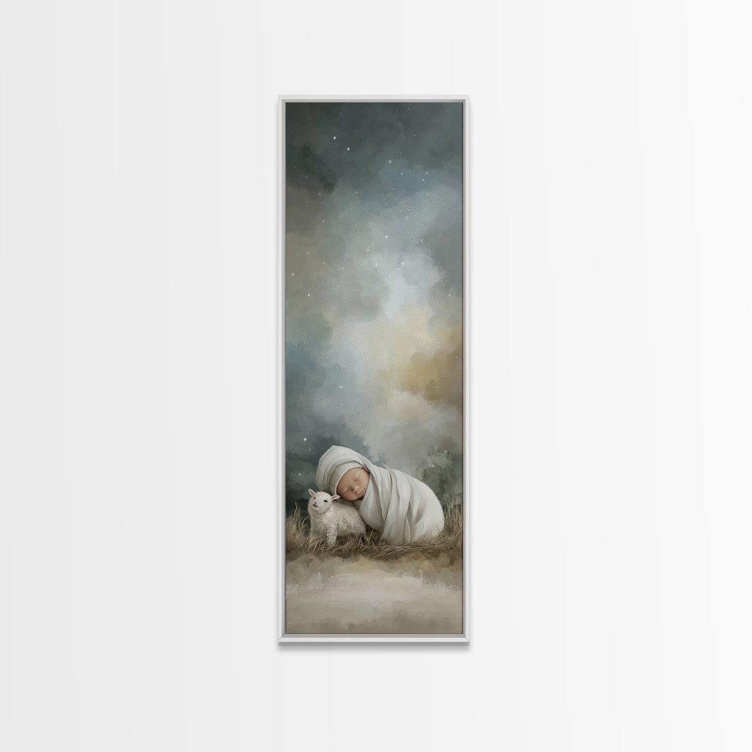 Silent Lamb Peace – Framed Canvas Print – Christian Wall Art – Jesus Art Print – Christmas Art – Narrow Art – Christian Art Canvas