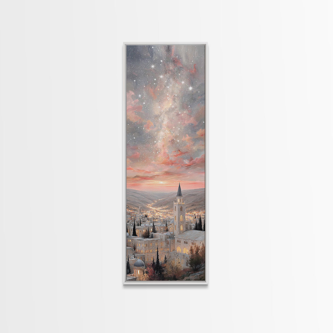 City Of Starfall, Framed Canvas Print, Christmas Canvas Wall Art, Christian Art, Skinny Art, Christian Decoration, Christmas Art Prints