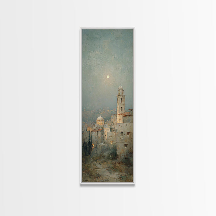 Moonlit Bethlehem Stillness | Framed Canvas Print | Christian Wall Art | Christmas Art | Tall Narrow Wall Art | Christian Art Print | Chris