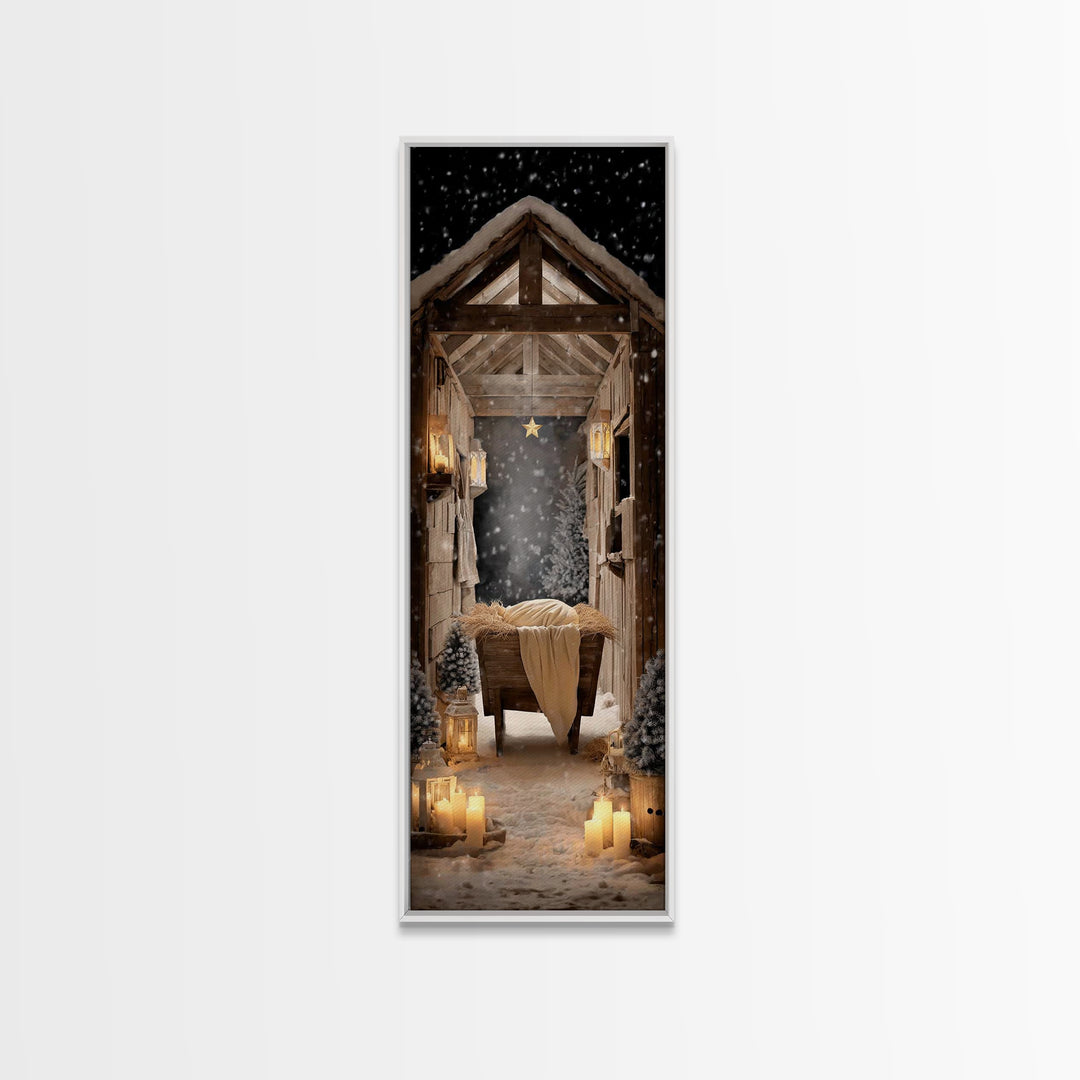 Starry Night Manger – Framed Canvas Print – Christian Christmas Art – Christian Wall Art – Christmas Canvas Wall Art – Tall Skinny Art Prin