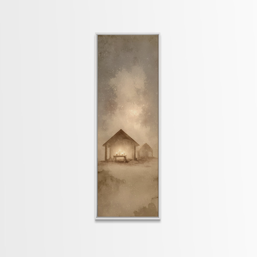 Sacred Stable Glow – Framed Canvas Print – Christian Art Canvas – Framed Christmas Art – Christian Art – Skinny Art