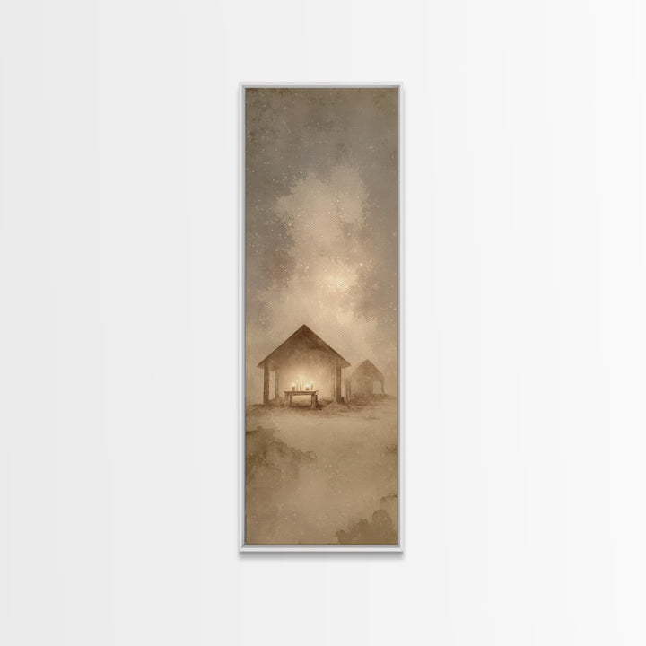 Sacred Stable Glow – Framed Canvas Print – Christian Art Canvas – Framed Christmas Art – Christian Art – Skinny Art