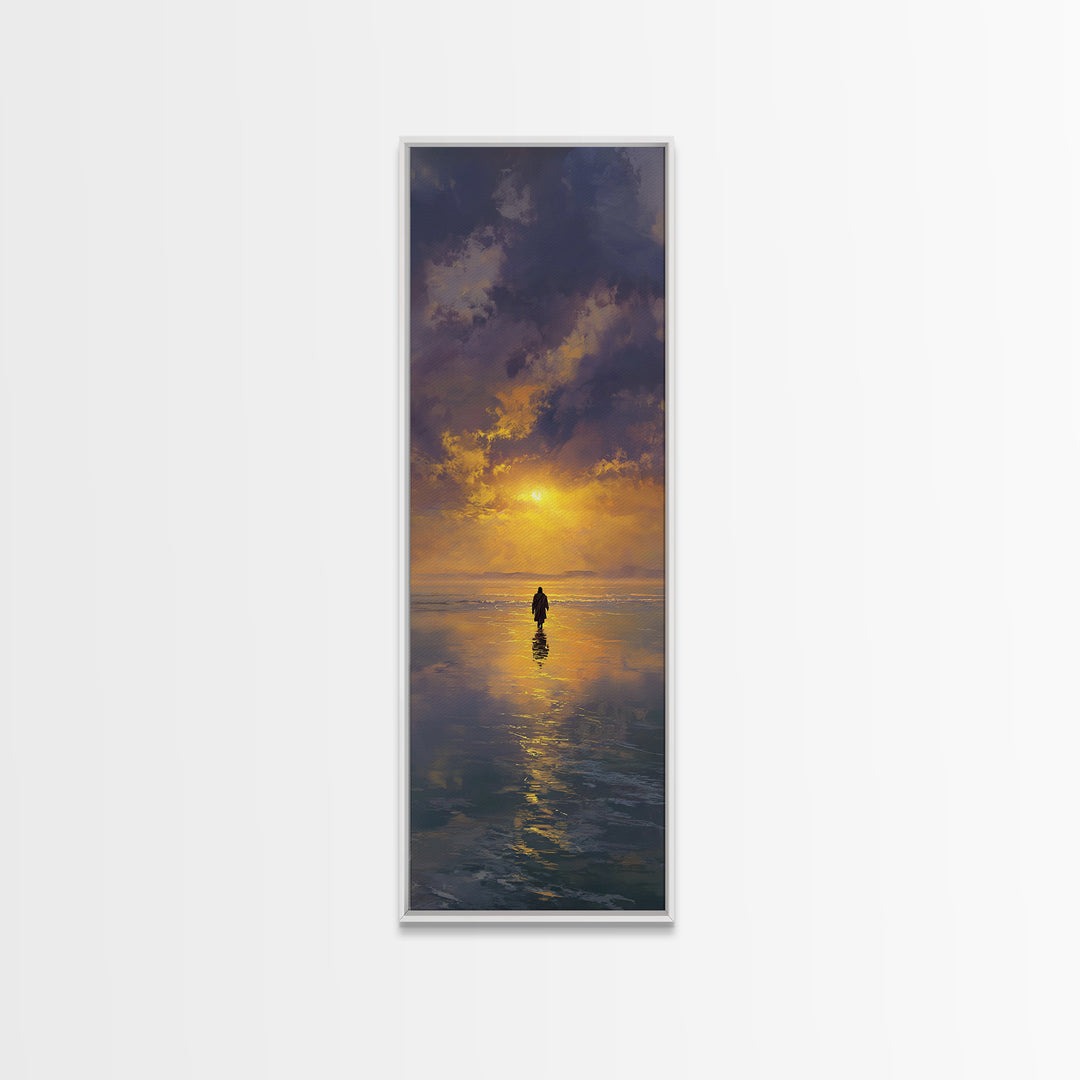 Golden Horizon Walk | Framed Canvas Print | Tall Skinny Art Print | Jesus Painting | Christian Wall Art | Christian Art Canvas | Christian