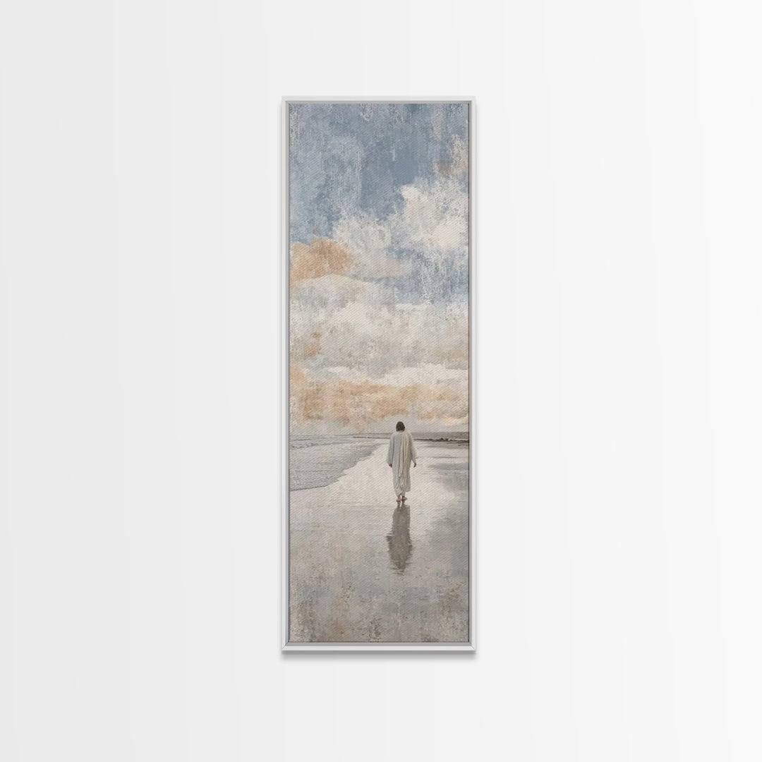 Silent Coastal Faith | Framed Canvas Print | Tall Narrow Wall Art | Christian Art Canvas | Christian Wall Art | Jesus Painting | Christian