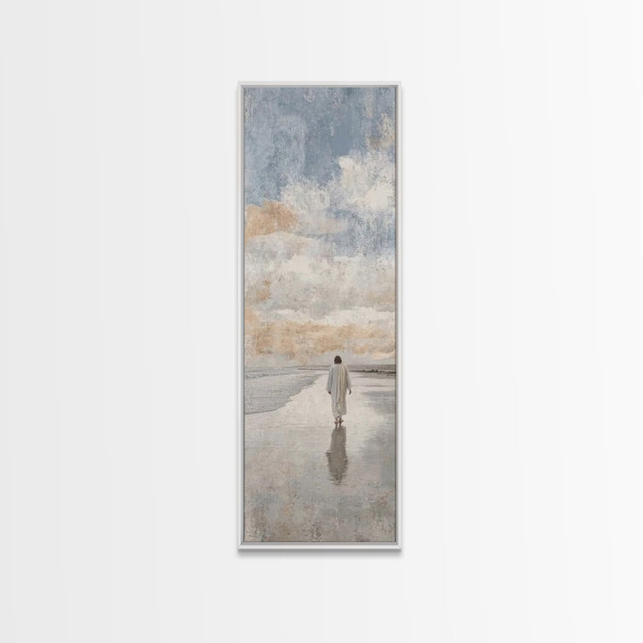 Silent Coastal Faith | Framed Canvas Print | Tall Narrow Wall Art | Christian Art Canvas | Christian Wall Art | Jesus Painting | Christian