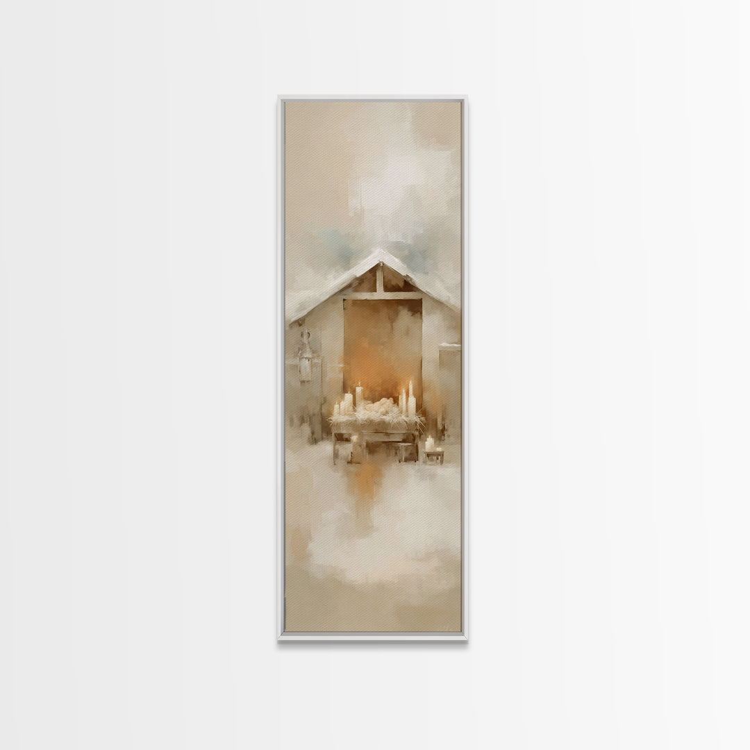 Humble Nativity Peace – Framed Canvas Print – Christian Art Work – Christmas Wall Art – Modern Christian Art – Narrow Art