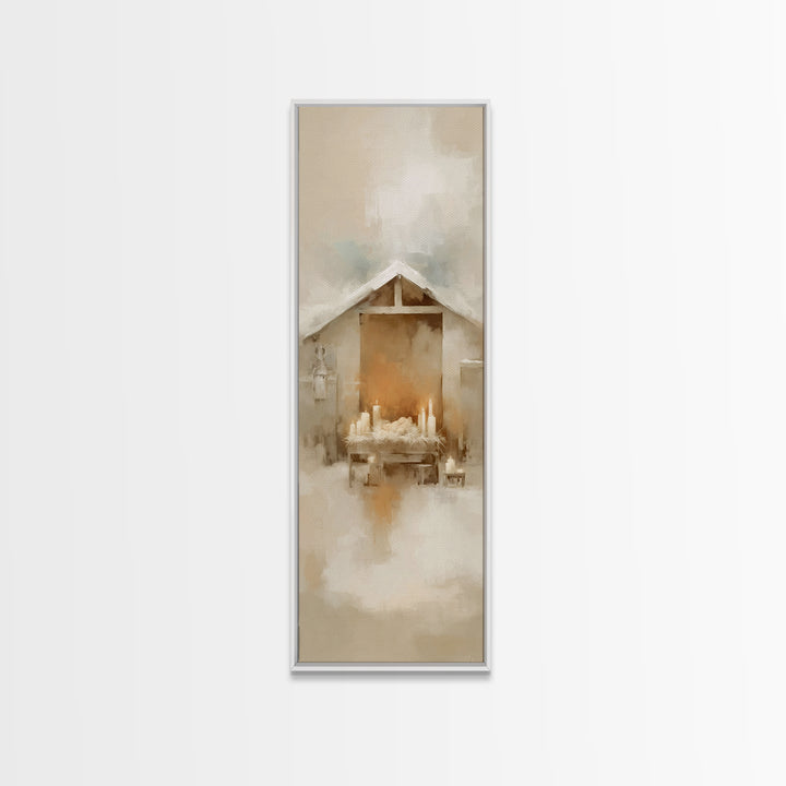 Humble Nativity Peace – Framed Canvas Print – Christian Art Work – Christmas Wall Art – Modern Christian Art – Narrow Art