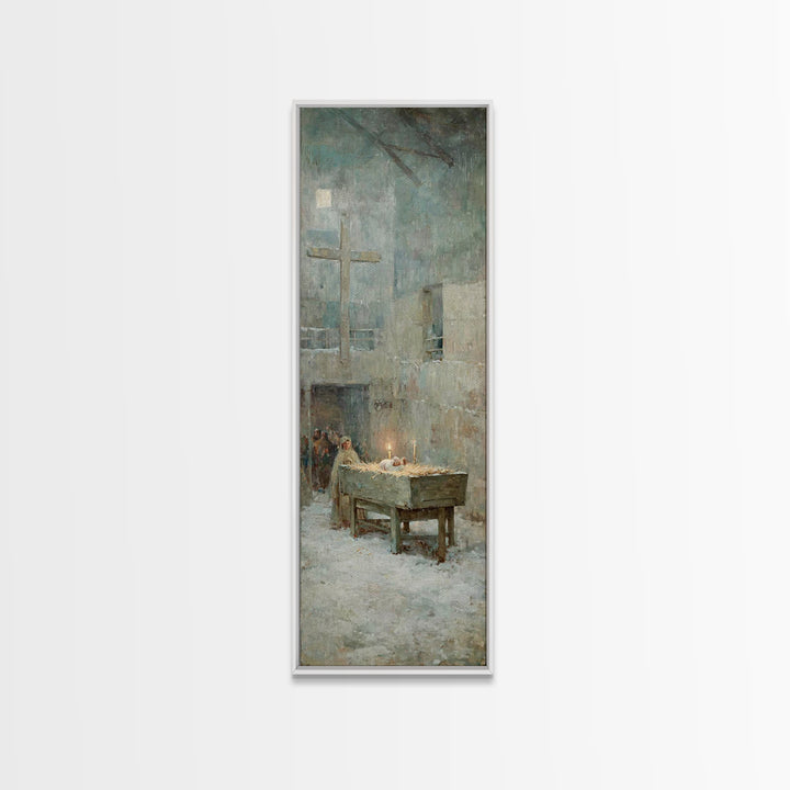Soft Manger Dawn – Framed Canvas Print – Christian Art Canvas – Christmas Art – Subtle Christian Art – Tall Narrow Wall Art