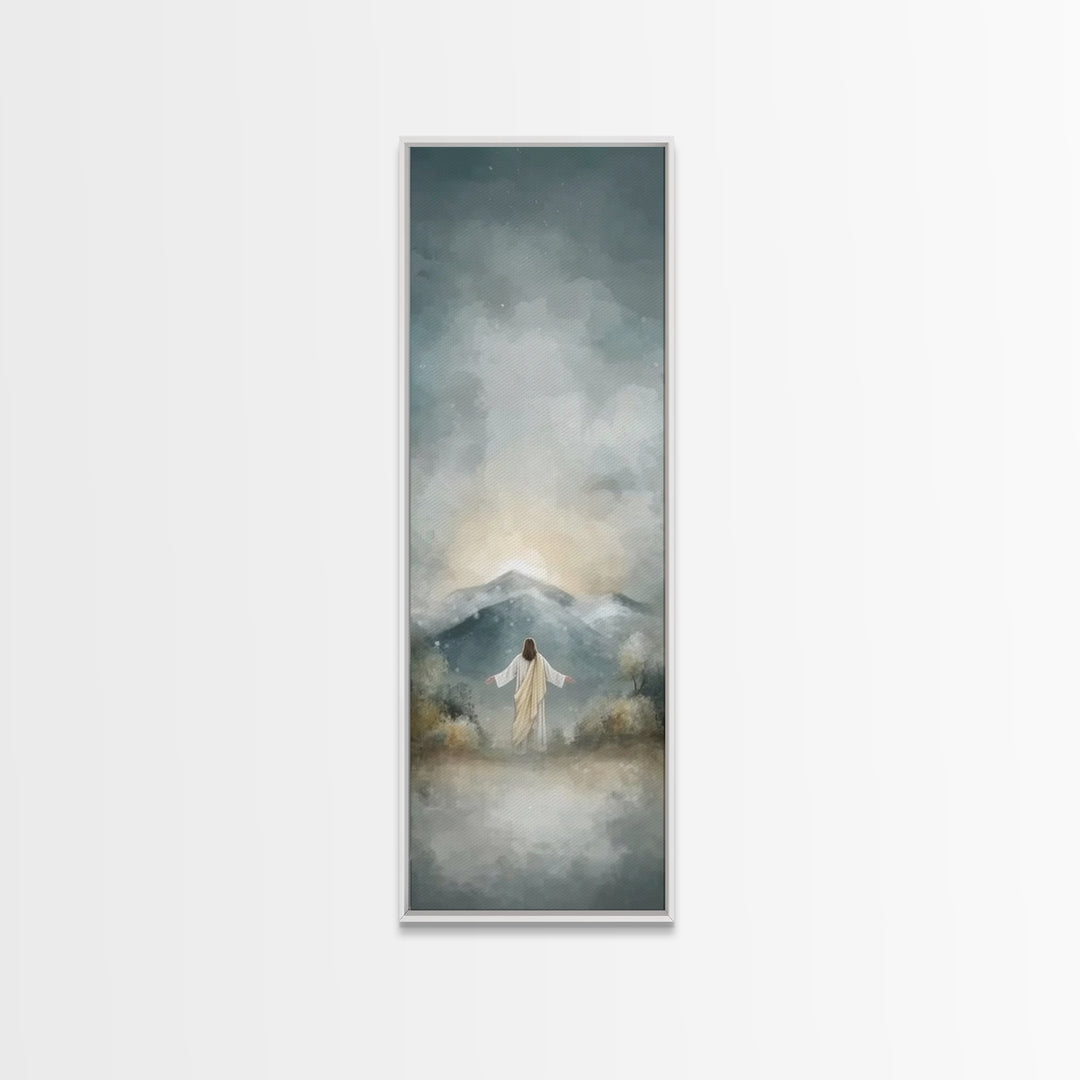 Heavenly Mountain Rise | Framed Canvas Print | Christian Wall Art | Christian Art Print | Tall Skinny Art Print | Jesus Painting | Christma