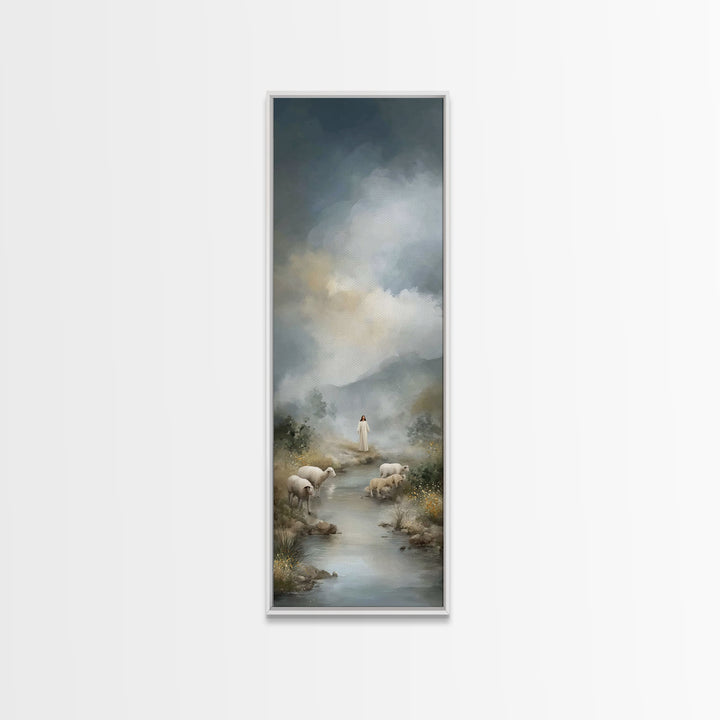 Shepherd’s Living Waters, Framed Canvas Print, Christian Art Canvas, Jesus Painting, Christian Wall Art, Tall Skinny Art Print, Christian D
