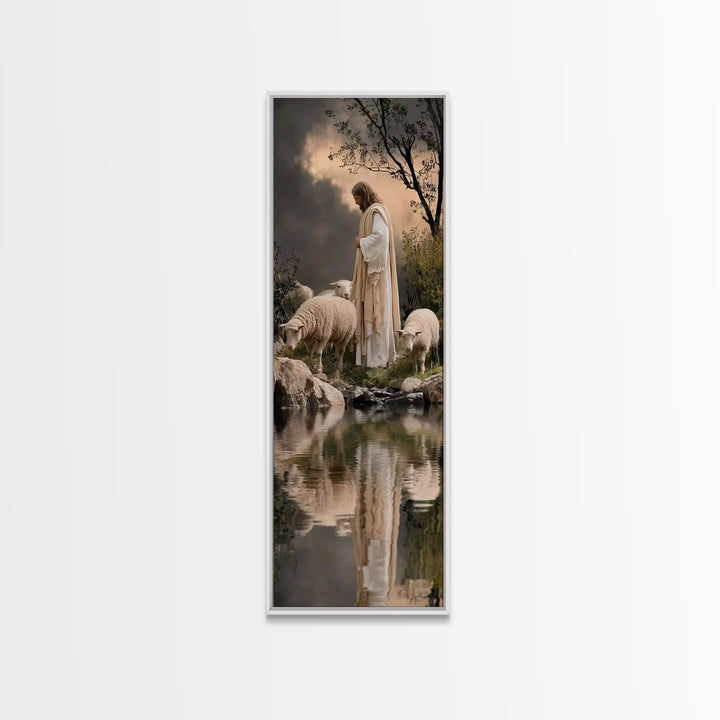 Shepherd’s Calm Grace – Framed Canvas Print – Christian Wall Art – Jesus Painting – Christian Art Canvas – Tall Narrow Wall Art – Christian