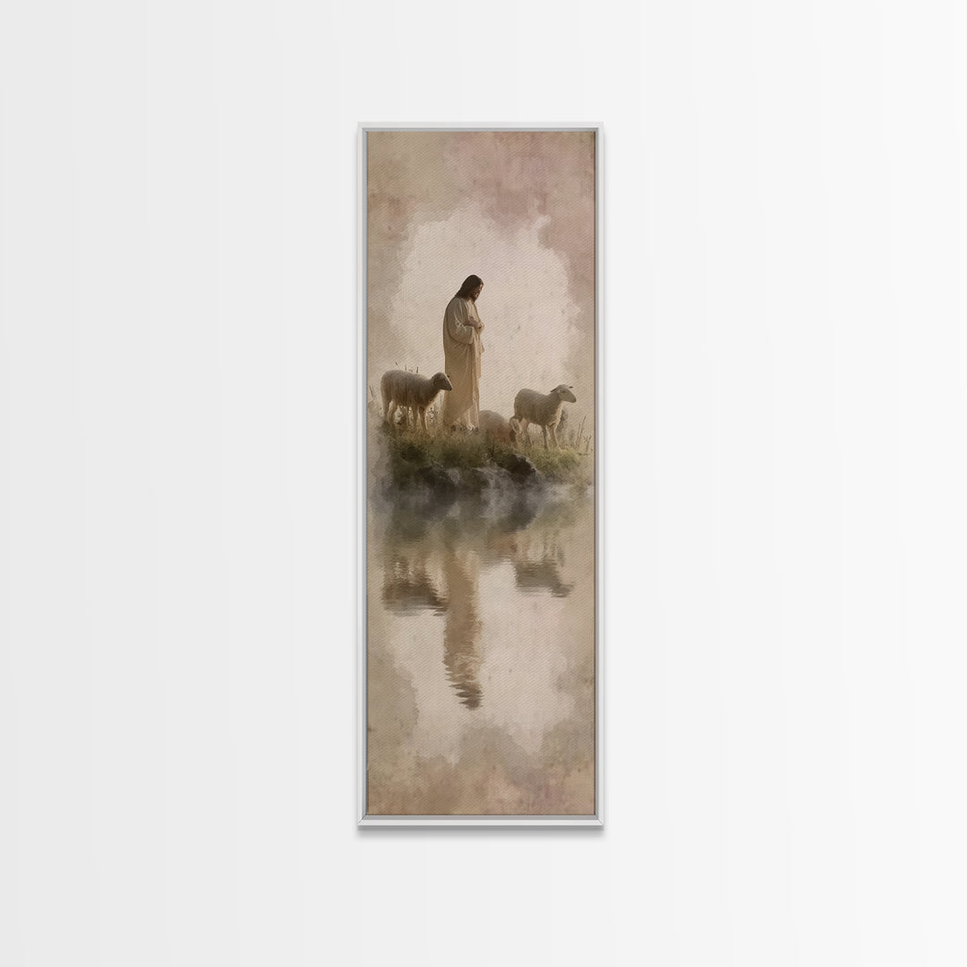 Pasture of Gentle Hope, Framed Canvas Print, Jesus Painting, Christian Art Canvas, Christian Wall Art, Skinny Art, Christian Christmas Art,