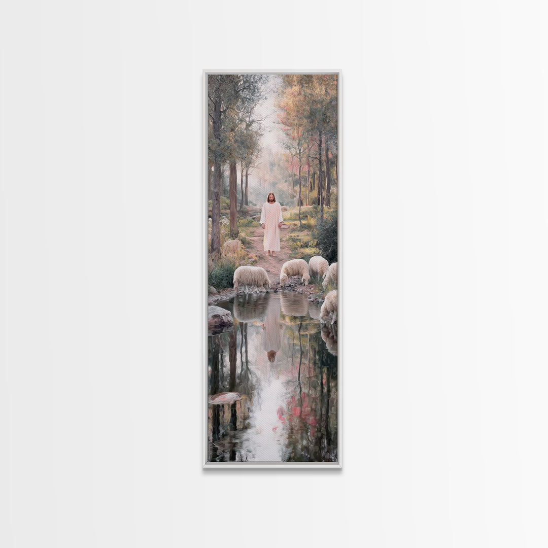 Forest Path Savior | Framed Canvas Print | Christian Art Canvas | Jesus Painting | Christian Wall Art | Tall Skinny Art Print | Christian C