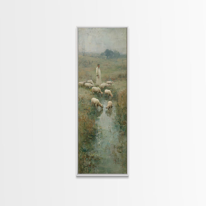 Shepherd’s Quiet Meadow – Framed Canvas Print – Christian Art Canvas – Christian Wall Art – Jesus Painting – Narrow Art – Christian Christm