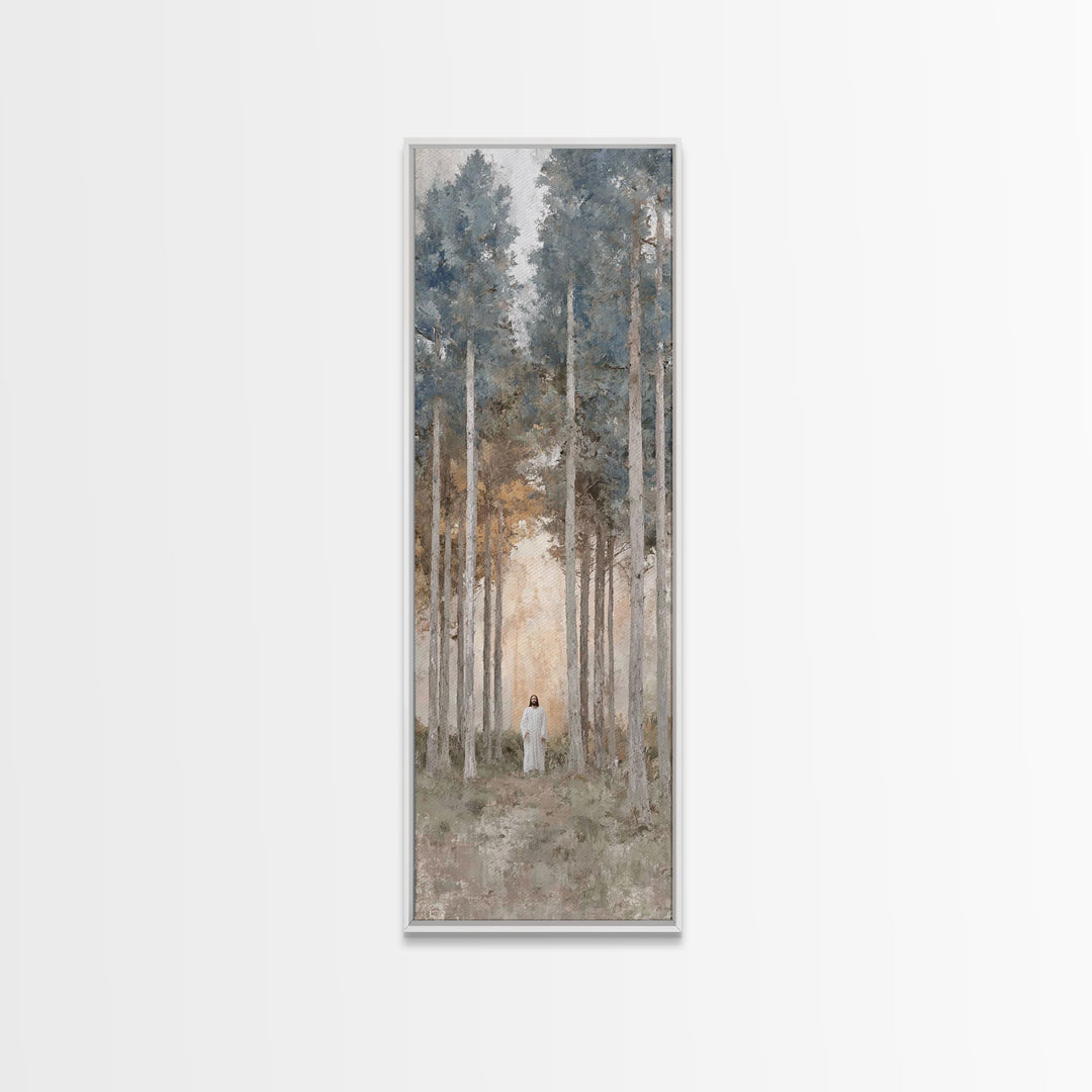 Light Through The Pines, Framed Canvas Print, Christian Art Canvas, Christian Wall Art, Jesus Painting, Skinny Art, Christian Christmas Art