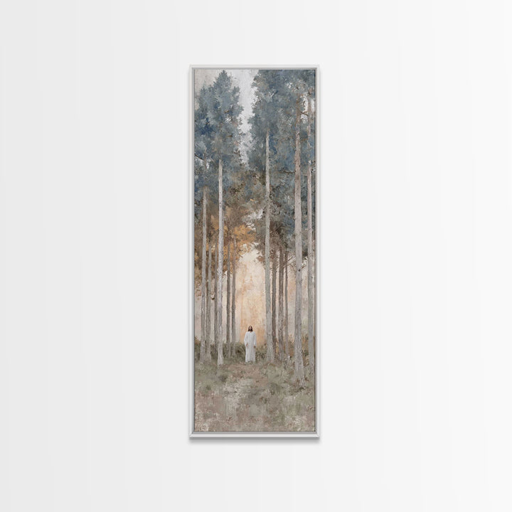 Light Through The Pines, Framed Canvas Print, Christian Art Canvas, Christian Wall Art, Jesus Painting, Skinny Art, Christian Christmas Art